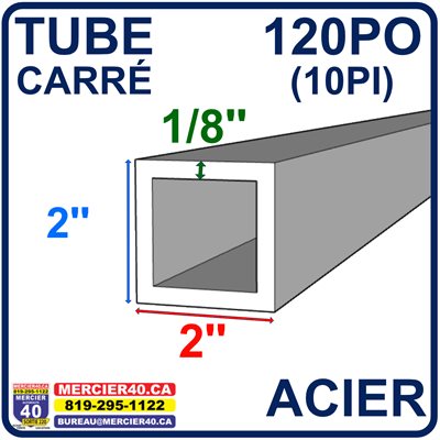 ACIER TUBE NEUF - 2PO X 2PO X 1 / 8PO X 120PO (10PI)